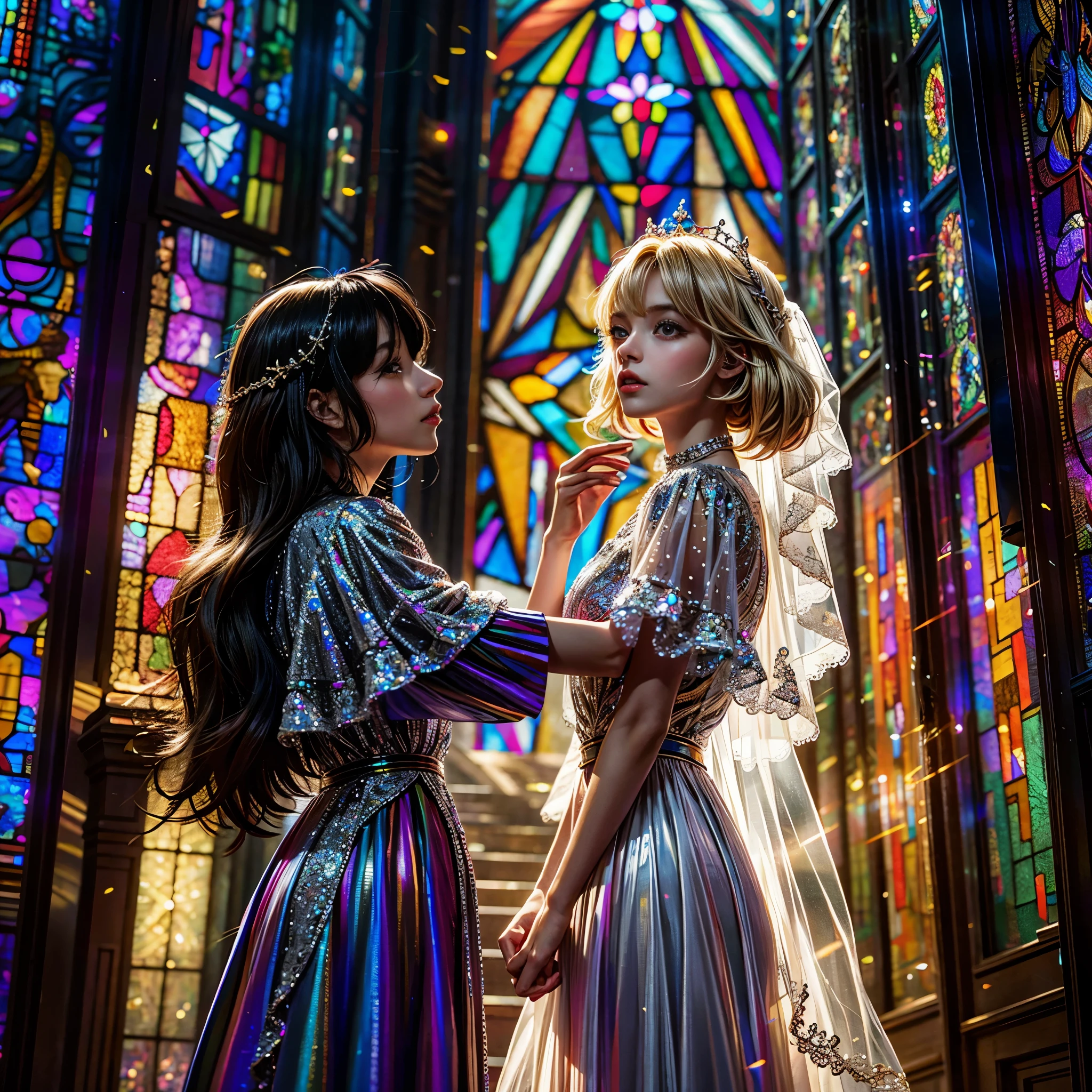 (Cathedral from below:1.28) (ZoomLayer) TopQuality 8K masterpiece of ((Professional photo)), (((Clarisse de Cagliostro))) (Detailed White WeddingDresses), Chain, (((Extremely detailed KAWAII face))) {((VeiledFace))|BlondeHair|(Elaborate BuleEyes)with(SparklingHighlights:1.28)}, The background is distant (((Elaborate stained glass))) Rainbow Glass, {(MysticSight)|EnchantingAtmosphere|Haze|(GodRays)|TyndallEffect}, Radiant PearlSkin with Transparency, (Exposed:0.39)
