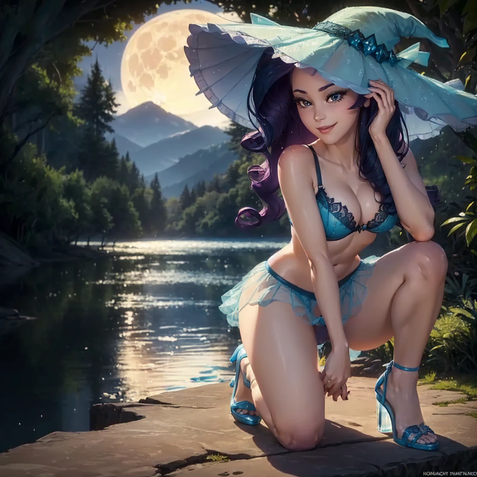 (((beautiful female body))),(((rarity as a sweet charming hot seductive horny model :1.0))), (((very long hair))) ,(((night with big moon))),(((erotic sexy posing next to river ))),(((((wow))))),(((soaked wet))),(((jungle in background))),(((lewd and erotic posing))), (((happy wicked smile))) ,(((wear light blue sheer fluffy lace transparent see through very short bra))) , (((((upskirt view))))),((((( vagina is visible))))) , (((blue lace witch hat))),breasts are visible , (((wear high heels))) , (((full body))),(((bare legs))),bracelets , (((perfect breasts))) , lush breasts , Bulky Breasts , voluminous breasts ,(((peeping the viewer))),(((bare belly))),(((close upskirt view))),(((sharp focus)))
