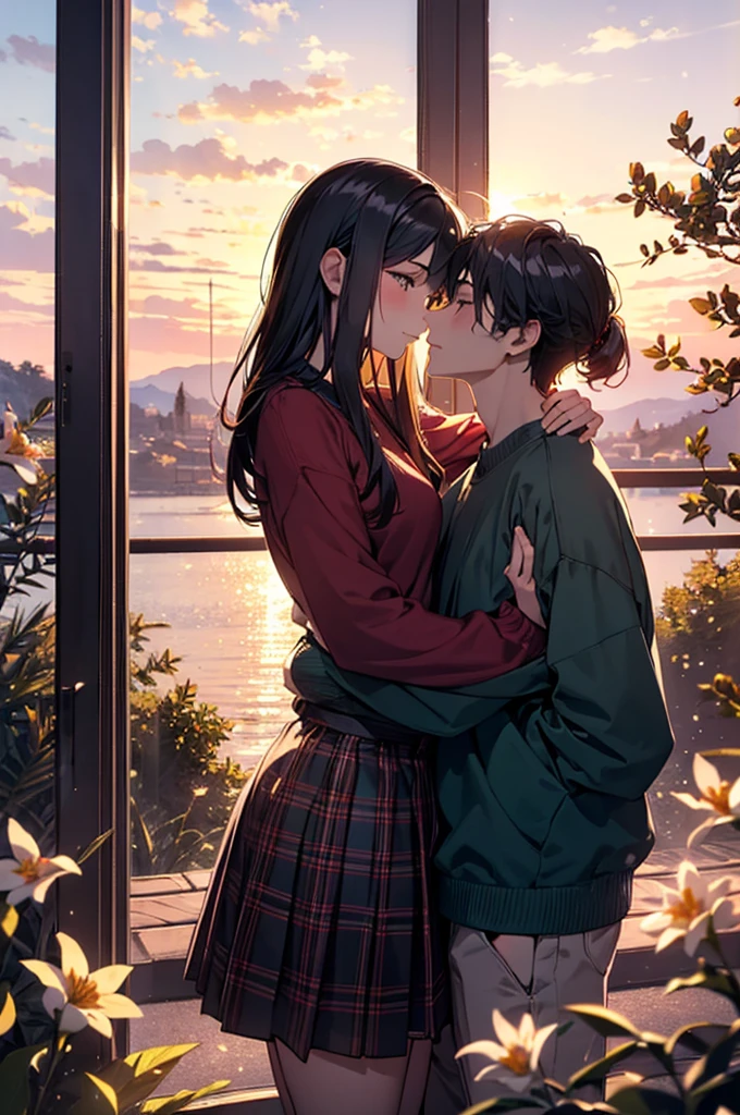 (best quality,4k,highres,masterpiece:1.2),a guy and a girl embracing,[girl wearing blue sweater],[guy wearing red and black plaid shirt],lovers in the sunset,[soft golden light],[warm color palette],[dreamy atmosphere],silhouette against a beautiful sky,[gentle breeze rustling their hair],intimate moment,[tender expressions],[subtle smiles],romantic setting,[scenic background],[lush greenery],swaying trees and blooming flowers,serene ambiance,a touch of magic in the air