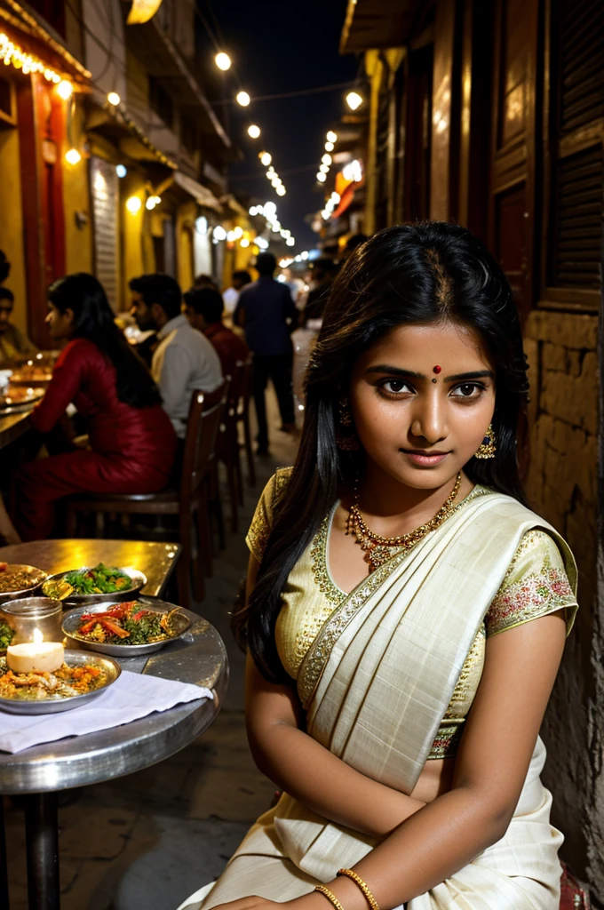 Give me a picture of Hindu Girl wearing jewellery and saree having clear beautiful face with light white colour and sit on the local street restaurant in Peshawar where people present around in the background