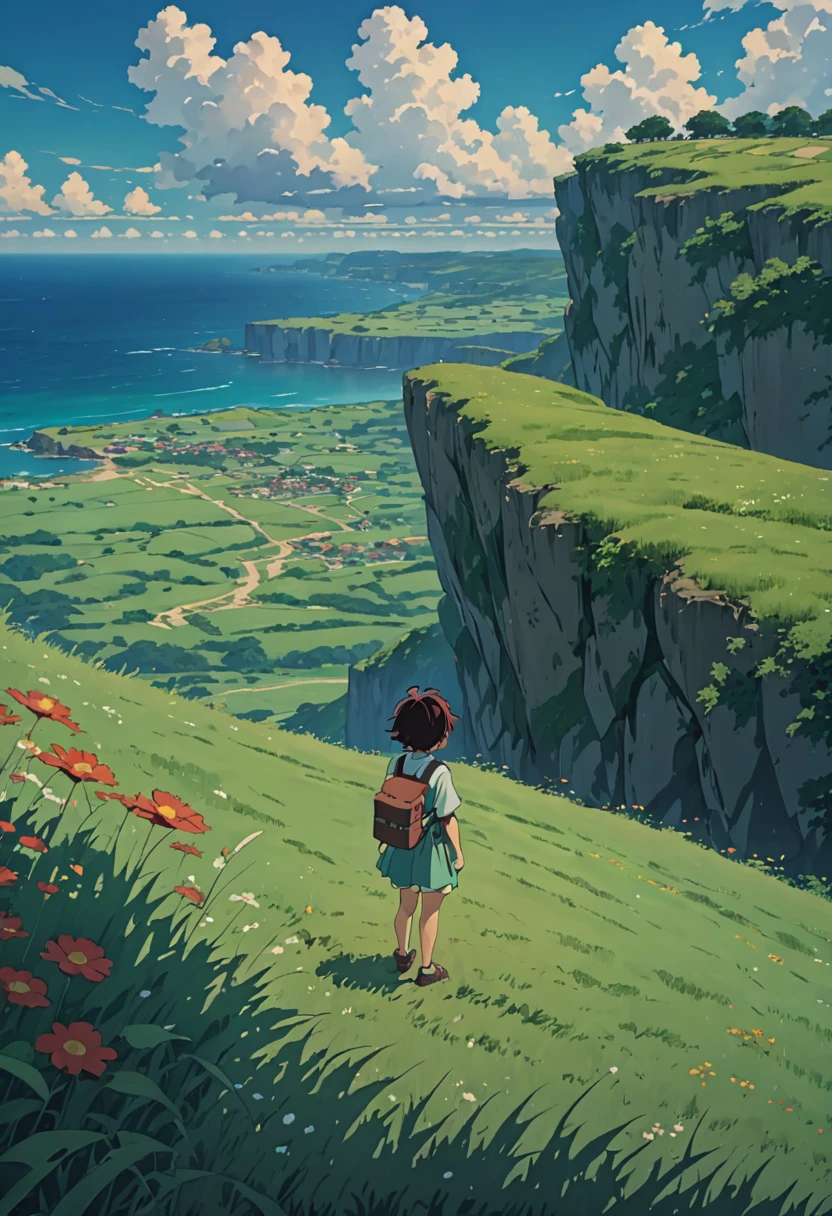 study ghibli lonely cliff summer grass field clouds niño HD 8K