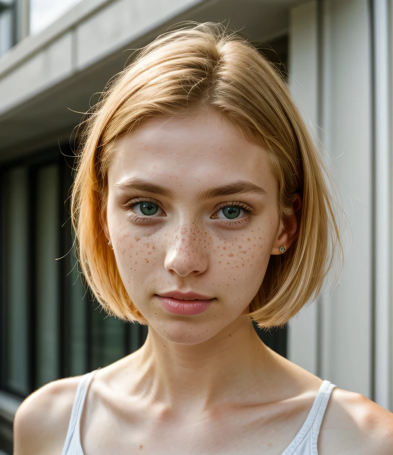 Highest quality、Surreal、Photorealistic、Portrait of a British woman in his 20s、Fashion Model、Short blonde center parted hairstyle、oblong face、Thin face、Small eyes、Green Eyes、White skin、freckled skin、thin and thin eyebrows、Eyes and eyebrows are separated、Small Nose、Small Mouth、Thin lips、Closed lips、with a natural expression、Her face is illuminated by soft natural light、Photo from the upper body to the top,