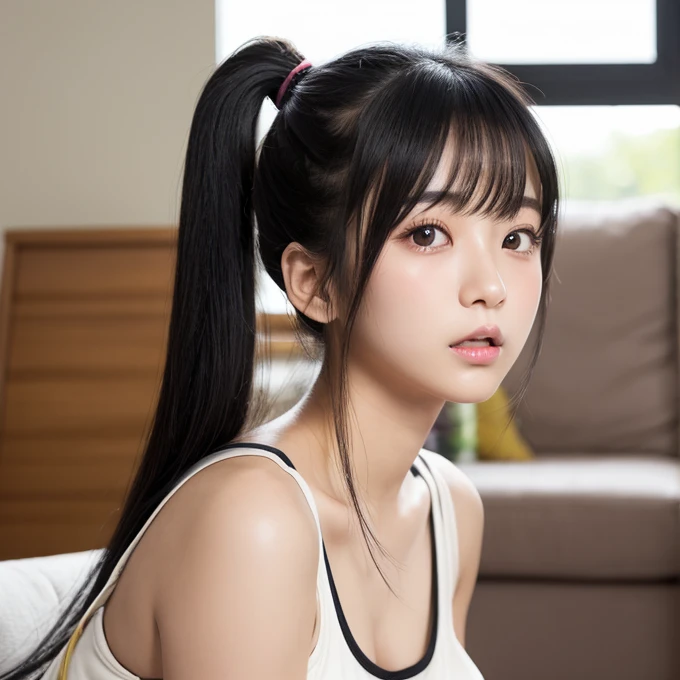 Japanese beautiful girl、Twin tail hair、Black Hair、Looks 24 years old、Half-open lips、Clear eyes、Plump cheeks、Plump lips、Innocent expression、Tank top、living room、Half-open mouth、Dark Skin、Detailed skin texture、Photorealistic images、Photographic quality、Yayoi