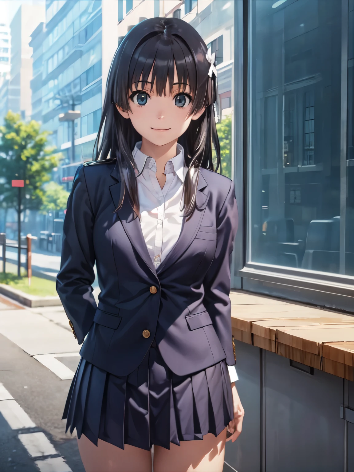 masterpiece, Highest quality, 8k, 超High resolution, saten ruiko、Anime Style, smile、Shooting from the front、smile, Beautiful Face,、1 girl, alone、Long Hair、Closed Mouth、Breaking black thighs、uniform、blazer, Pleated skirt, School, classroom, Standing, blush, smile, Look up、Highest quality、unity 8k wallpaper、High 、(Genuine、Realistic、Realistic:1.5)、High resolution、超High resolution、Ultra-fine painting、Sharp focus、Physically Based Rendering、Cowboy Shot