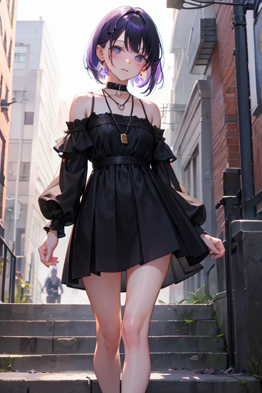Cute girl with short purple shoulder-length hair and black neckless dress