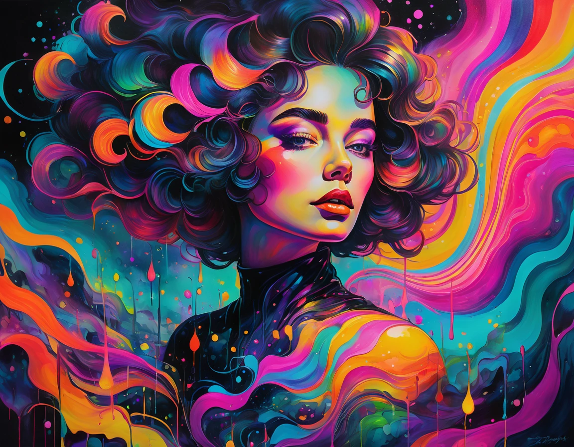 In a mesmerizing oil painting, a mysterious figure emerges from a haze of swirling colors. Their retro attire shines with metallic accents, while vibrant neon lights illuminate their expressionless face. The composition exudes nostalgia and intrigue, leaving viewers longing for a forgotten era. the gardens of sound made out of ral-hlgrphic,( hyperrealistic art breathtaking a lineart (vibrant alcohol ink sketch). [magnificent faetastic , , intriguing weirdness, color schemes extravaganza, mystery of darkness, unusual natural aesthetics, glossy].