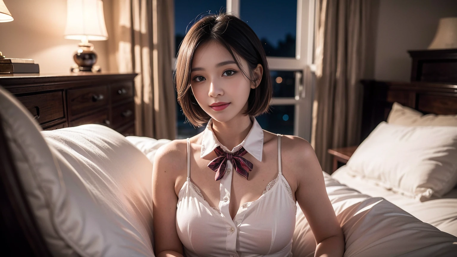 (8k, RAW Photos, Highest quality, Master:1.2), (Realistic, photo-Realistic:1.37), Super detailed, 1 girl, cute, alone, Beautifully detailed skies, Detailed face, night, Sitting, Date, (blush), (smile: 1.1), (shut up), Big Breasts, Beautiful and delicate eyes, Button unbuttoned, (Collared shirt: 1.1), bow tie, Pleated skirt, (short hair: 1.2), Flowing Hair, Long eyelashes, eye shadow, Small face, Big eyes, Full Body Shot, Exposing shoulders, indoor, bed