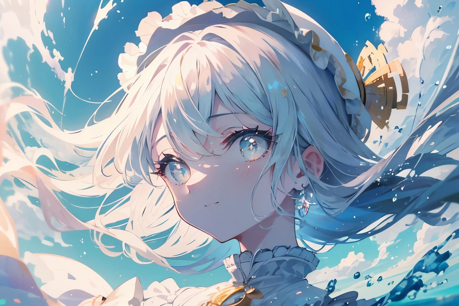 Create a high-quality illustration depicting a beautiful girl looking up at the summer sky. The scene should evoke a sense of nostalgia and enchantment, with intricate details and a dreamy atmosphere. The girl's features should be beautifully rendered, capturing her serene and contemplative expression as she gazes at the sky. The summer sky should be filled with vibrant colors, perhaps with fluffy clouds, a radiant sun, or a clear blue expanse. Every element should be meticulously crafted to immerse the viewer in a nostalgic and enchanting summer moment. best quality, masterpiece, expressive eyes, gorgeous, vivid, perfect face, smile, happyness, 2eyes, emotion, detailed pupils, vivid pupils,stunning, life, relfection, peace, warm, compsition, artistic, 4k, wallpaper, bonnet, wind, glowing eyes
