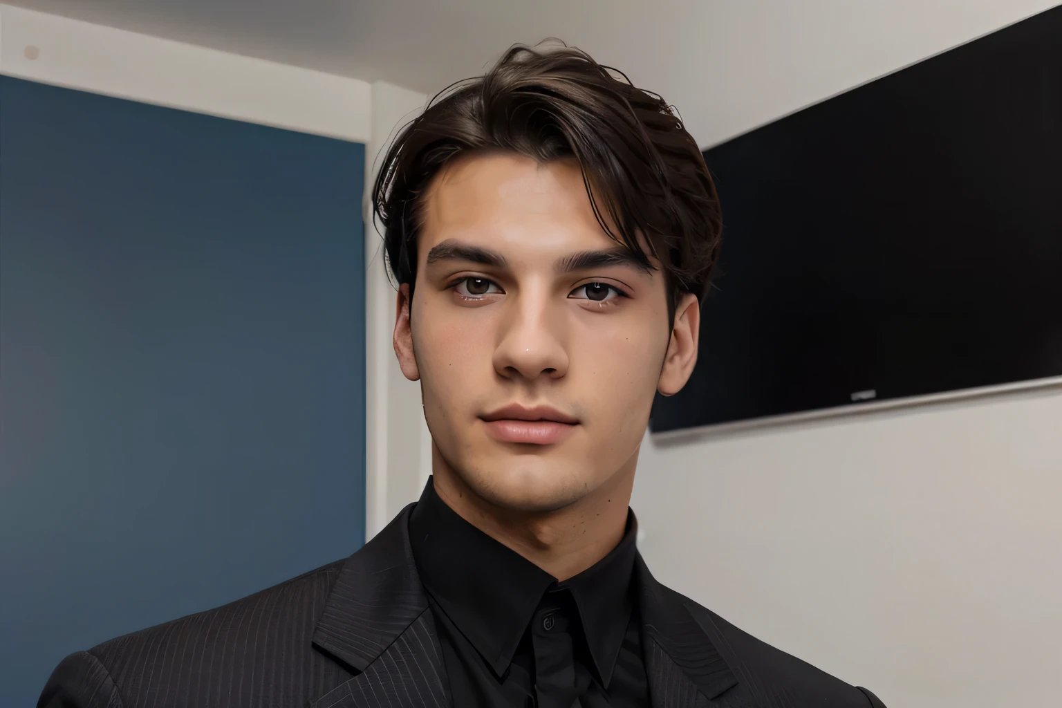 Italian, 20yr old, male, Hazel eyes , lips pink, black hair, Big, tall, blue suit, white inner , handsome guy, headshot, looking at camera, office background