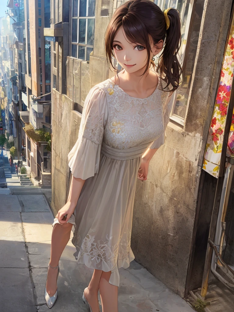 (Highest quality、8k、32K、masterpiece)、(Realistic)、(Realistic:1.2)、(High resolution)、Very detailed、Very beautiful face and eyes、(((Women's Solo Shot)))、Tight waist、(Highest quality、Attention to detail、Rich skin detail)、(Highest quality、8k、Oil paints:1.2)、(Realistic、Realistic:1.37)、Bright colors、(((Full Body Shot)))、(((Bob Hair)))、(((Medium Hair)))、(((Side Ponytail)))、(((smile)))、(((Brown Hair)))、(((Floral dress)))、(((White and yellow dress)))、(((City streets)))、(((Do some shopping)))、((I'm stroking my chin))