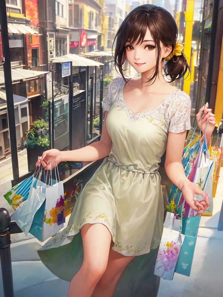 (Highest quality、8k、32K、masterpiece)、(Realistic)、(Realistic:1.2)、(High resolution)、Very detailed、Very beautiful face and eyes、(((Women's Solo Shot)))、Tight waist、(Highest quality、Attention to detail、Rich skin detail)、(Highest quality、8k、Oil paints:1.2)、(Realistic、Realistic:1.37)、Bright colors、(((Full Body Shot)))、(((Bob Hair)))、(((Medium Hair)))、(((Side Ponytail)))、(((smile)))、(((Brown Hair)))、(((Floral dress)))、(((White and yellow dress)))、(((City streets)))、(((Do some shopping)))、((I'm stroking my chin))