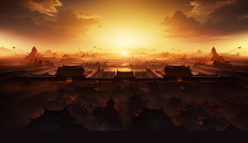 There is a photo of a sunset and a kite over a city, Beautiful rendering of the Tang Dynasty, background artwork, background: Battle Scene, Silk Road landscape, Dota! Concept Art, Opening, Game Art Painting, 3840 x 2160, 3840x2160, Dota Concept Art