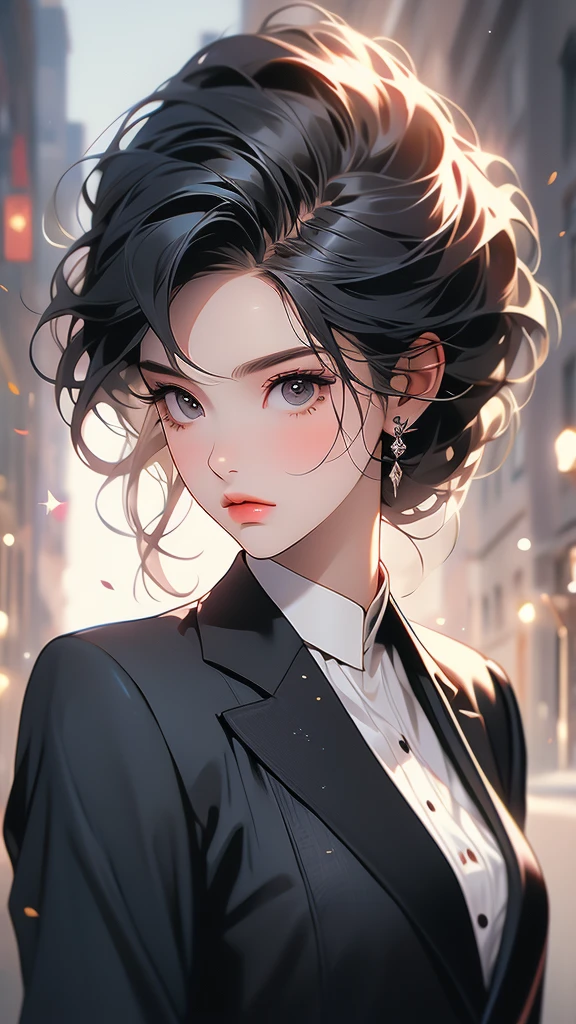Girl wearing black formal suit with sharp facial features and has a mole on her left cheek