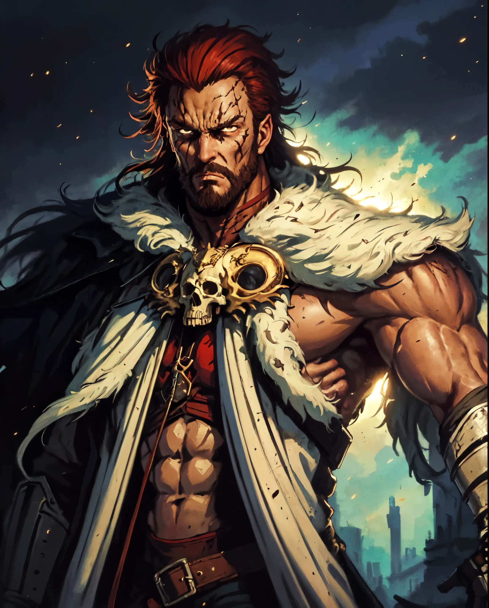 (masterpiece:1.2, best quality:1.2, extremely delicate:1.2), ((male:1.5)), a man with disheveled long orange and red hair, (no eyebrows:1.2), deep-set eyes, (a long scar on the right side of his face:1.2), rough features, (a full beard:1.2), a dissatisfied expression, a tall and muscular build, a post-apocalyptic fantasy-style wilderness coat with no sleeves, fur around his shoulders and neck, a half-damaged monster skull hanging in the middle of his chest, has spiked shoulder guards, revealing his muscular abs, stands in a post-apocalyptic fantasy-style desolate town, this character embodies a finely crafted post-apocalyptic fantasy-style overlord in anime style, exquisite and mature manga art style, dramatic, high definition, highres, ultra-detailed, ultra-fine painting, professional, perfect body proportions, golden ratio, anatomically correct, symmetrical face, extremely detailed eyes and face, high quality eyes, creativity, RAW photo, UHD, 32k, Natural light, cinematic lighting, masterpiece-anatomy-perfect