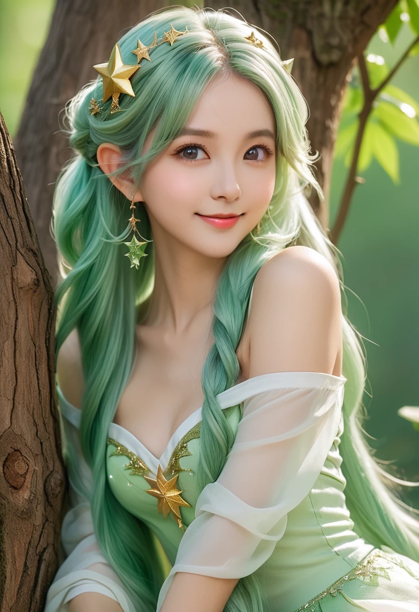 ((Highest quality, 8k, masterpiece: 1.3)), Slim abdomen, Pale green hair, Hair behind the ear, Long Hair, Big Hair,, Star hair ornament, Upturned eyes, Pointy Ears, A light smile, ((Fairy)), Sitting on a tree, Beautiful Face, Highest quality, Glowing Skin, Detailed skin, ((Detailed face, Detailed eyes))