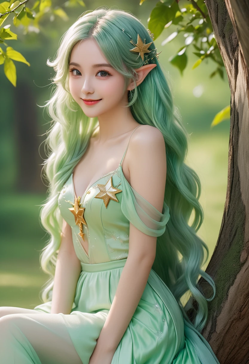 ((Highest quality, 8k, masterpiece: 1.3)), Slim abdomen, Pale green hair, Hair behind the ear, Long Hair, Big Hair,, Star hair ornament, Upturned eyes, Pointy Ears, A light smile, ((Fairy)), Sitting on a tree, Beautiful Face, Highest quality, Glowing Skin, Detailed skin, ((Detailed face, Detailed eyes))