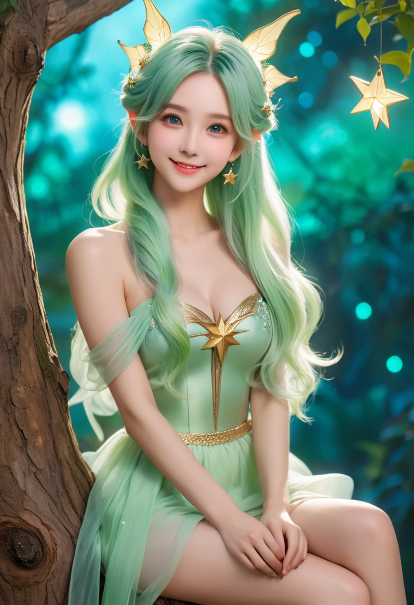 ((Highest quality, 8k, masterpiece: 1.3)), Slim abdomen, Pale green hair, Hair behind the ear, Long Hair, Big Hair,, Star hair ornament, Upturned eyes, Pointy Ears, A light smile, ((Fairy)), Sitting on a tree, Beautiful Face, Highest quality, Glowing Skin, Detailed skin, ((Detailed face, Detailed eyes))