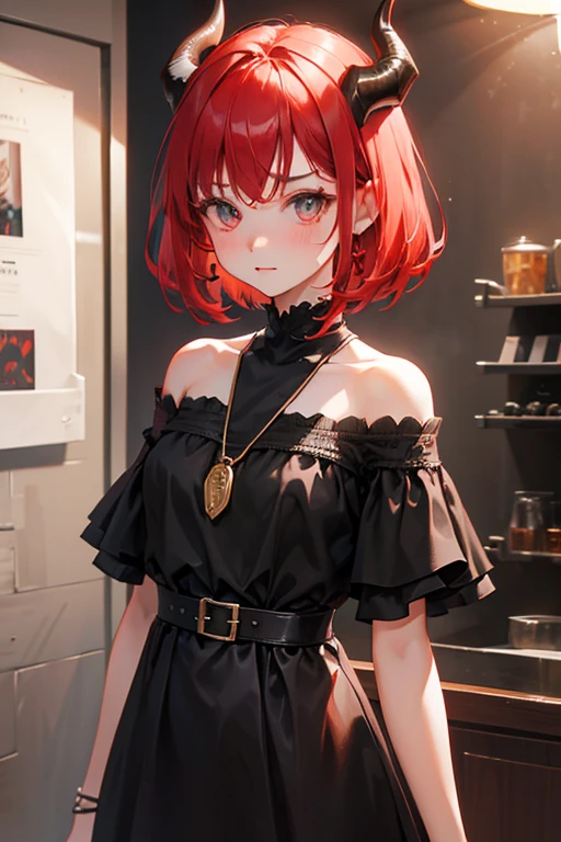 Cute girl with short shoulder-length red hair and black neckless dress, dragon horns