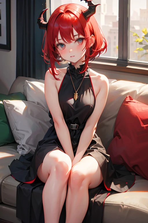 Cute girl with short shoulder-length red hair and black neckless dress, dragon horns