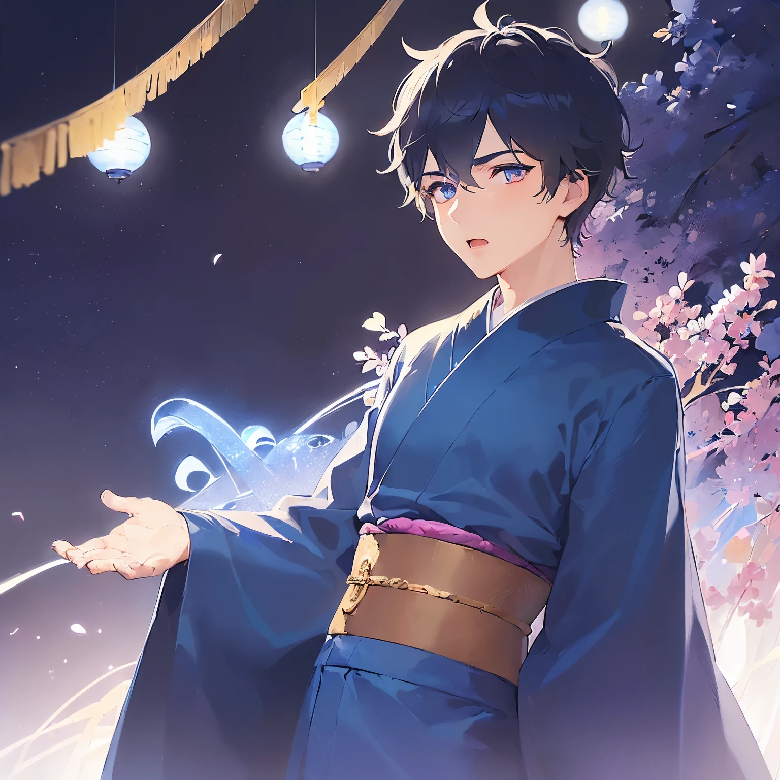 (25-year-old male:1.5) and(Black short hair) and (Blue eyes), (looking away:1.5), Shooting from below、
upper body, masterpiece、Highest quality、 (Blue) and (yukata),(wide eyes:1.5),（open mouth：1.5）,blush,The background is a Japanese-style corridor at night