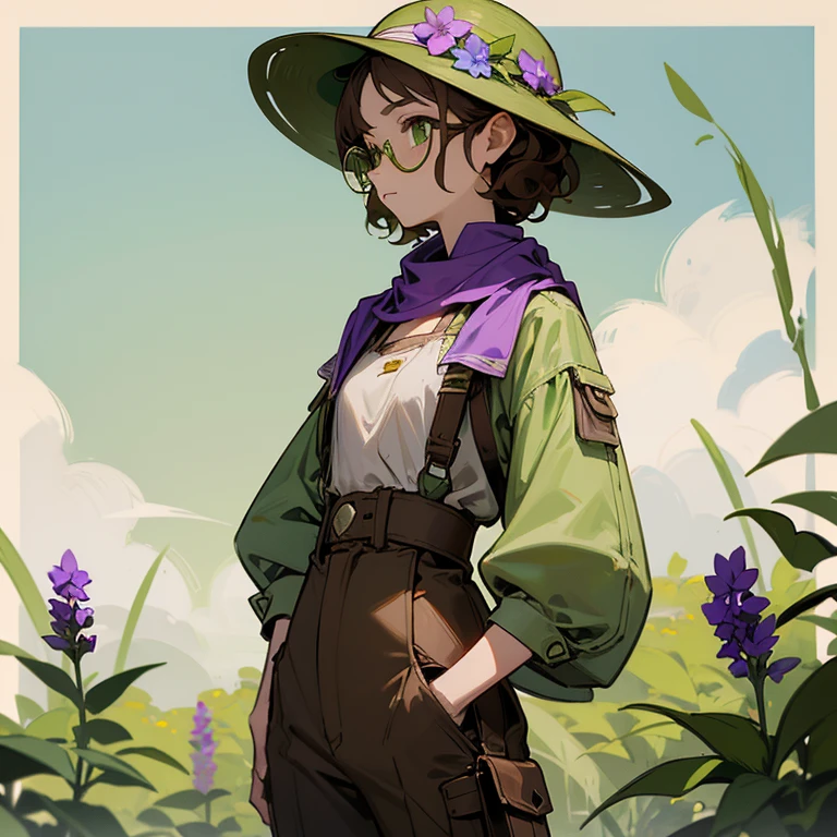 (Masterpiece, best quality), detailed, 1girl focus, 1 gardener woman, pale skin, olive green eyes, glasses, rounded square brown lenses, short dark brown curly hair, lavender flower, flat chest, garden hat, gardening hat, a lavender flower in the hat, a purple scarf around the neck, pants, Ecofashion, Ecopunk, Ecology, Earthy clothing, gardening clothing, gardening, garden, Solarpunk, Solarpunk reference, Solarpunk inspired, cottagecore aesthetic, cottagecore, pants, gold details, pastel purple, green and brown color palette for the clothes.