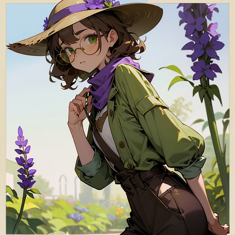 (Masterpiece, best quality), detailed, 1girl focus, 1 gardener woman, pale skin, olive green eyes, glasses, rounded square brown lenses, short dark brown curly hair, lavender flower, flat chest, garden hat, gardening hat, a lavender flower in the hat, a purple scarf around the neck, pants, Ecofashion, Ecopunk, Ecology, Earthy clothing, gardening clothing, gardening, garden, Solarpunk, Solarpunk reference, Solarpunk inspired, cottagecore aesthetic, cottagecore, pants, gold details, pastel purple, green and brown color palette for the clothes.