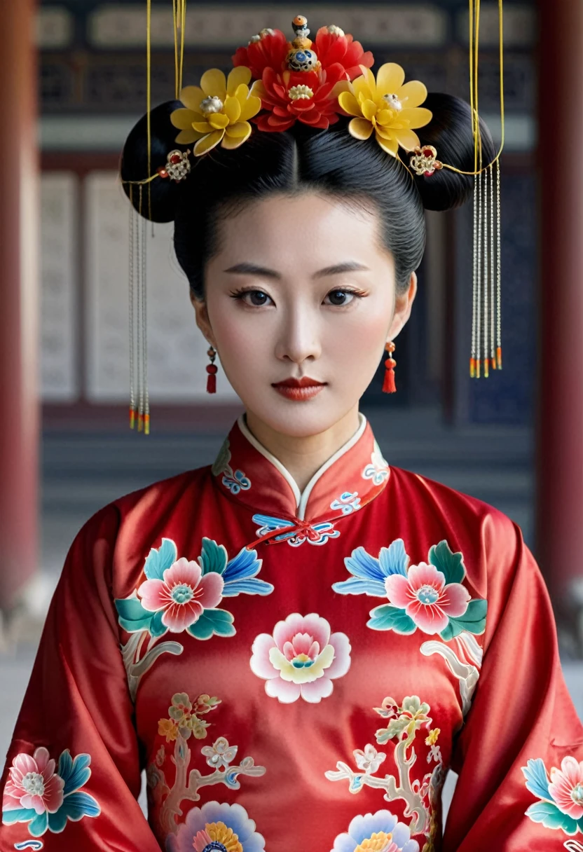 The Palace of the Female Qing, seen from the front.
35 year old red Manchu empress, Qing Dynasty,　
showing her hairy pussy
Traditional hairdo and big nipples. 
Model seen from the front, underwear not visible, flashy Chinese Qing Dynasty form decorated with large flowers and hairpin, hair tied up and pulled up, background is outside the Chinese court of the Qing Dynasty