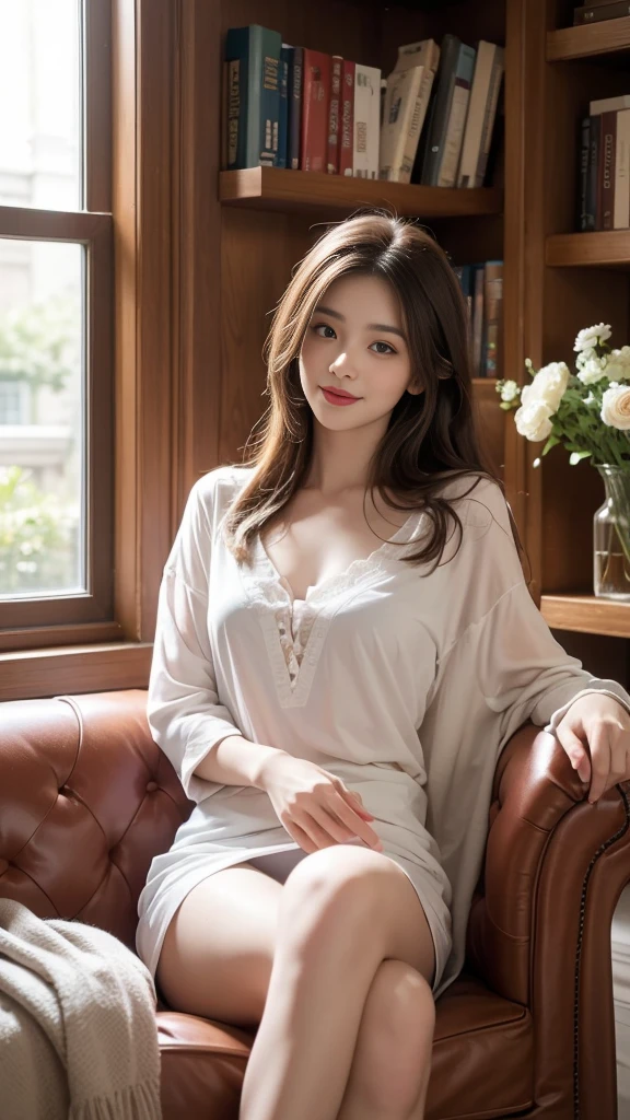 A beautiful woman sitting gracefully, realistic style, detailed and rich textures. She has long, flowing hair, expressive eyes, and a warm smile. She is sitting on a vintage armchair, surrounded by a cozy, well-decorated room with soft lighting. The background includes a bookshelf filled with books, a vase with fresh flowers, and a window showing a serene garden outside. Her posture is relaxed, with one leg crossed over the other and her hands gently resting on her lap. The scene is bathed in natural light, highlighting the fine details of her features and the surrounding environment. Anatomically correct