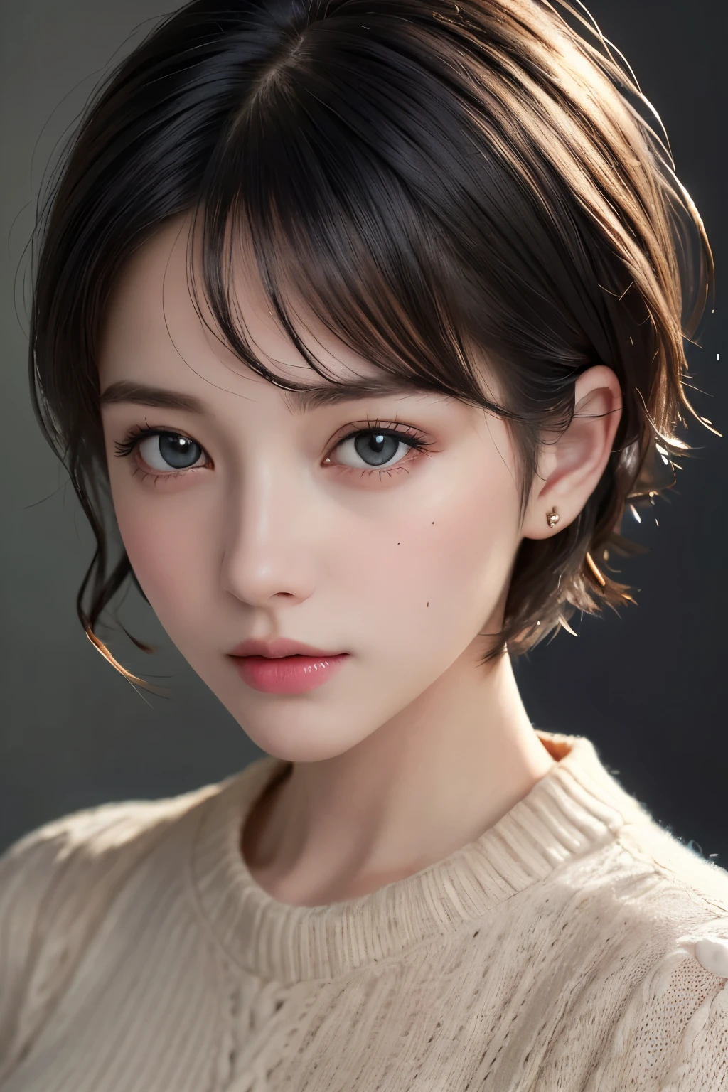 (masterpiece:1.3), (8k, Realistic, RAW Photos, Highest quality: 1.4), (One girl), Beautiful Face, (Realistic Face), (Black Hair, short hair:1.3), Beautiful hairstyle, Realistic eyes, Beautiful attention to detail, (Realistic Skin), Beautiful Skin, (sweater), Absurd, Charm, Ultra-high resolution, Ultra-realistic, Very detailed, Golden Ratio