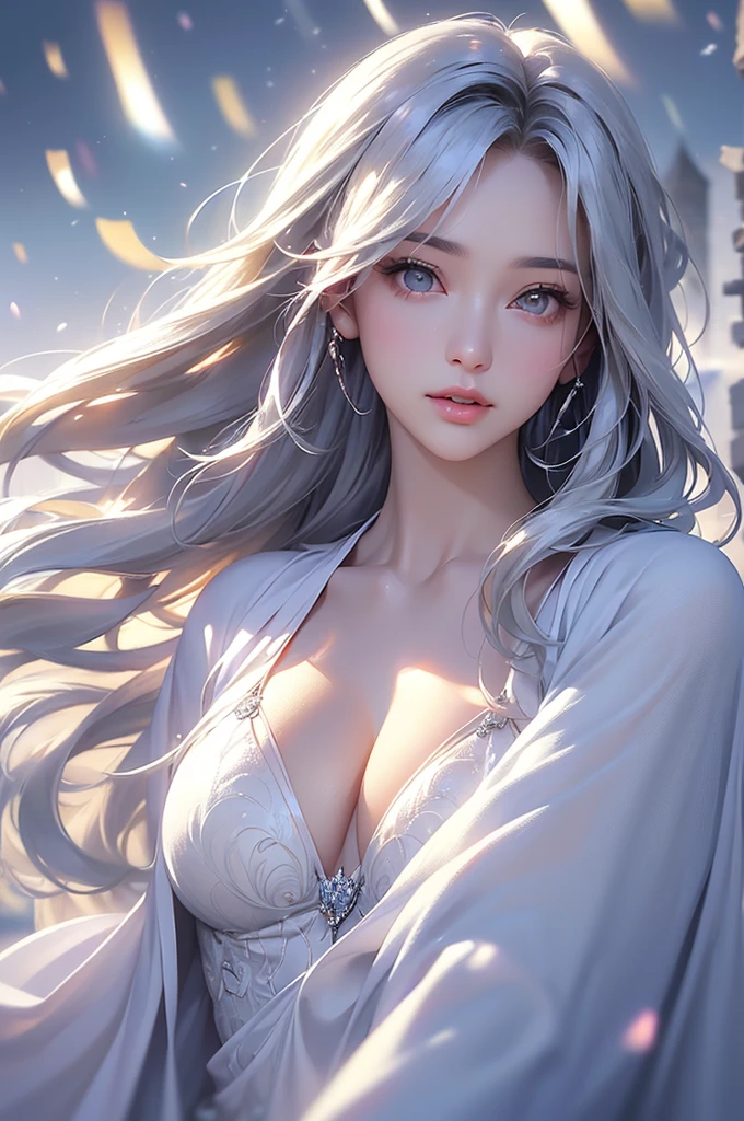 ((masterpiece:1.5、8k、Portraiture、フォトリアリスティックでVery detailedなCG、Very detailed、Particle Effects、Dynamic Effects、Shallow depth of field、Cinematic Light、Lens flare、Ray Tracing、Tabletop、Realistic:1.4、Ultra-high resolution:1.2、Realistic、Realistic))((alone、Woman wearing a cashmere coat:1.4、Elegant woman posing、Detailed face、bright表情、young, bright, Whiter skin、Ample breasts、Beautiful cleavage、Best Looks、Ultimate beauty、Shiny silver hair with highlights、bright and shiny hair,、Super long, Silky straight hair、Hair dancing in the wind))(morning、The setting is outdoors in the snow、Surrounded by illuminations)
