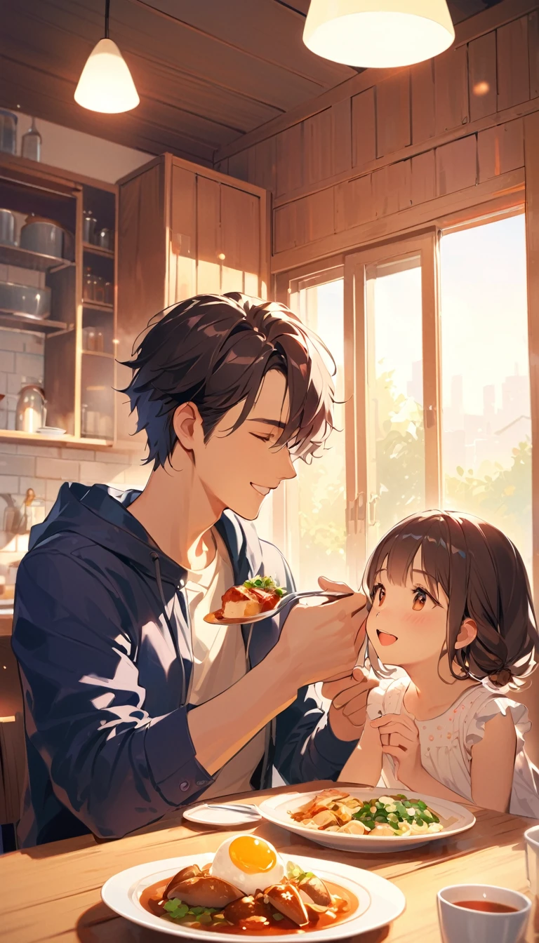 a young couple in their 20s with their 5-year-old (only daughter), enjoying a meal together indoors. emphasizing the warm and loving interaction between the family members.