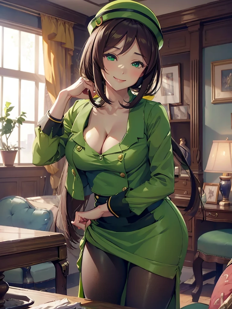 (masterpiece、top-quality、hight resolution、Unity 8k、extremely details CG:1,Best Picture),A prostitute seducing a man in a private room, the woman is the main focus, she has a seductive smile, wearing revealing clothing, dimly lit room, the man is faceless and non-descript, the woman is leaning close to the man, creating an intimate atmosphere. hayakawa tazuna, low ponytail, green headwear, green jacket, green skirt, pantyhose, nsfw, ((Emphasises cleavage))