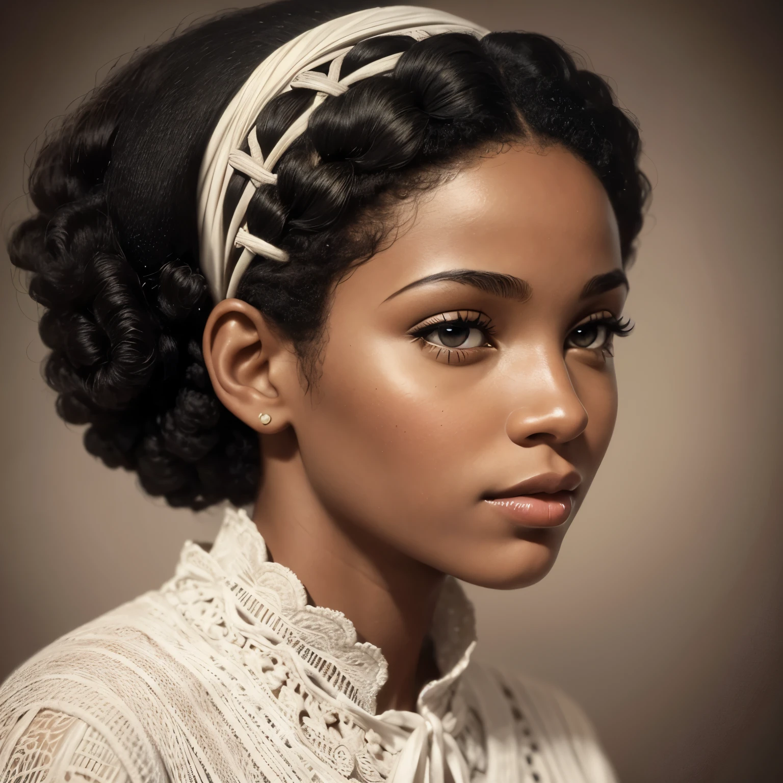 American Women 1930, Portrait 1930, Mixed race woman, Curly Afto Hairstyle, A white and African woman, African nose, Fleshy lips, Clear skin, 1930 Photo Style, Portrait 1930 style, 1930 Photo Filters, Noble clothing