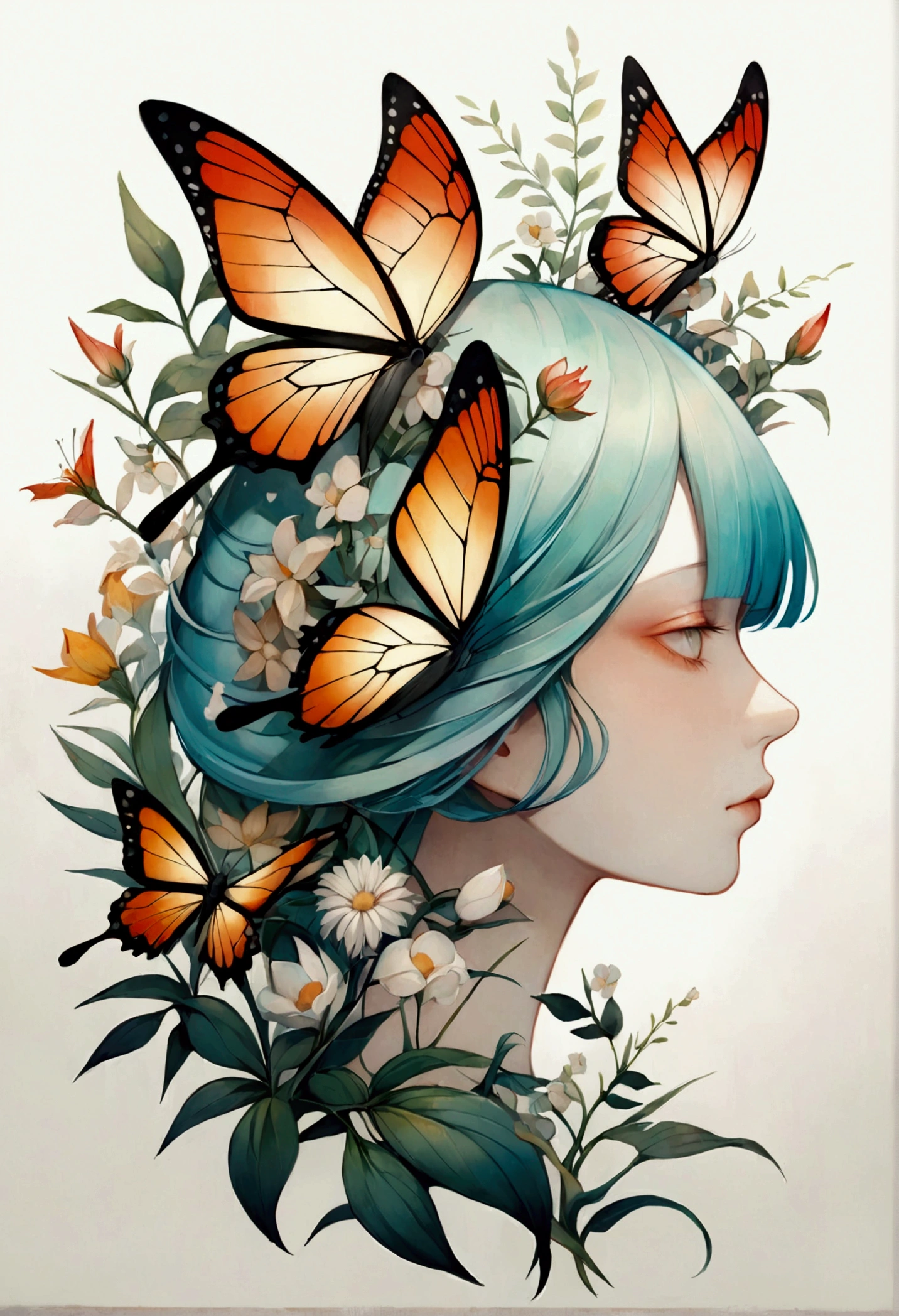 Colored lead painting simple illustration：Inspired by Marco Mazzoni,Profile portrait - head up，bird、Butterfly、Plants and flowers。
