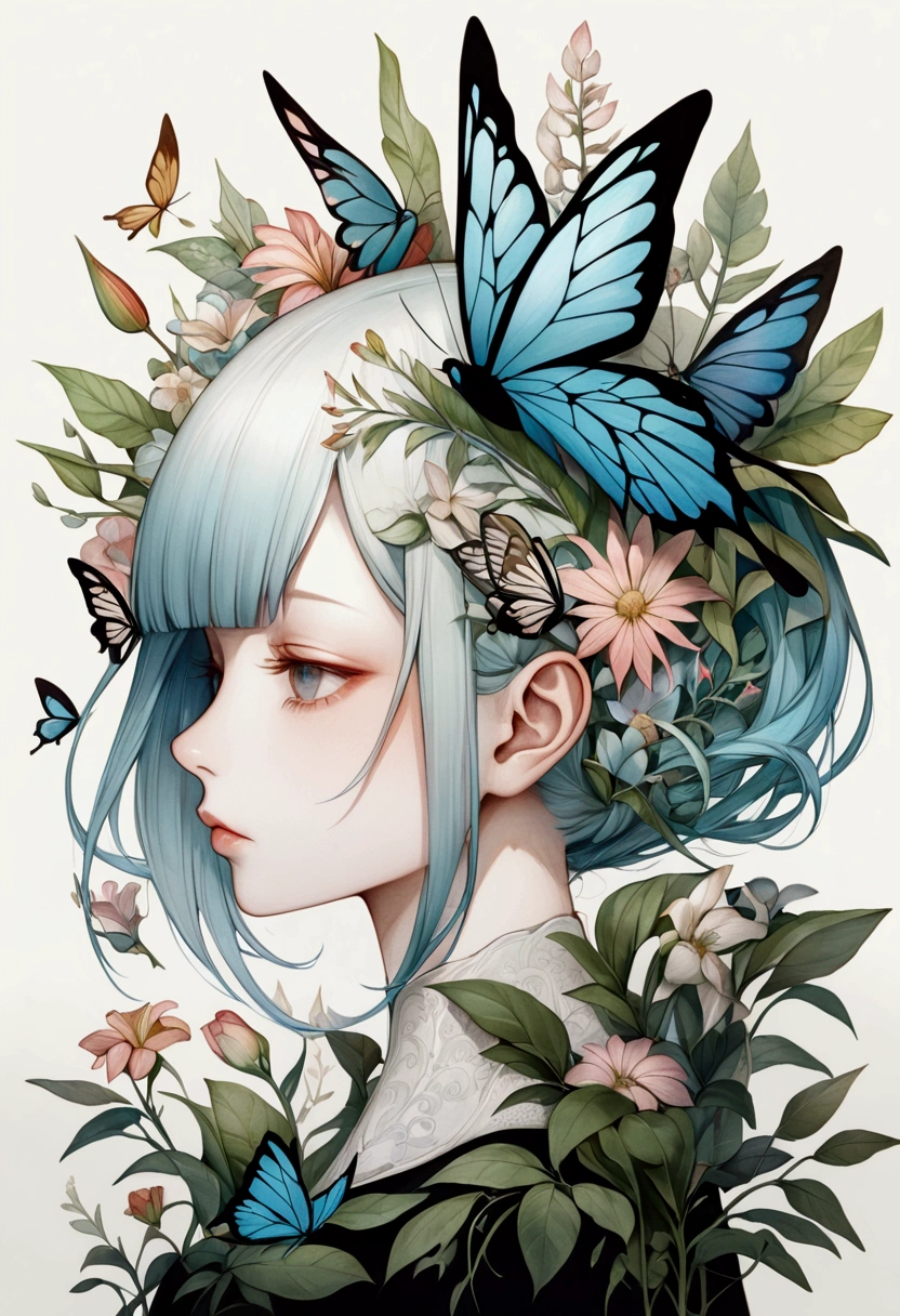 Colored lead painting simple illustration:Inspired by Marco Mazzoni,Profile portrait - head up,bird、Butterfly、Plants and flowers。