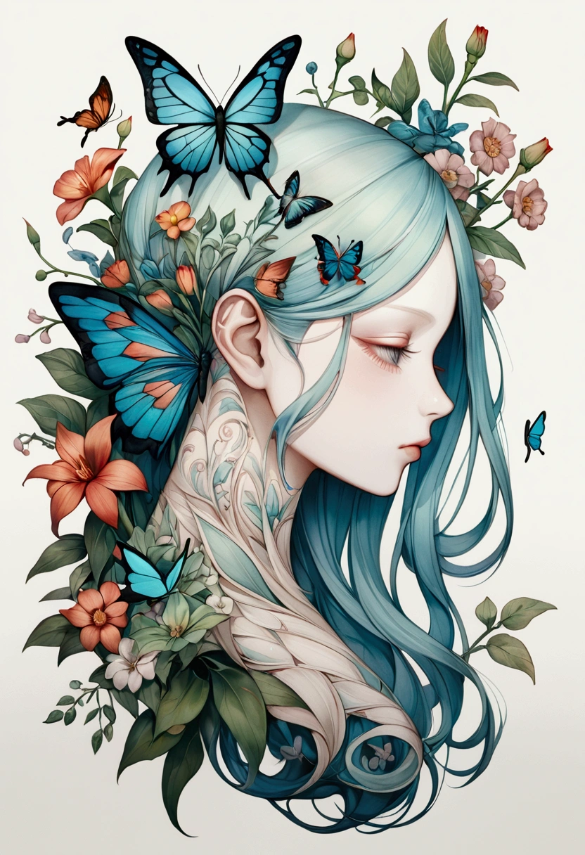 Colored lead painting simple illustration:Inspired by Marco Mazzoni,Profile portrait - head up,bird、Butterfly、Plants and flowers。