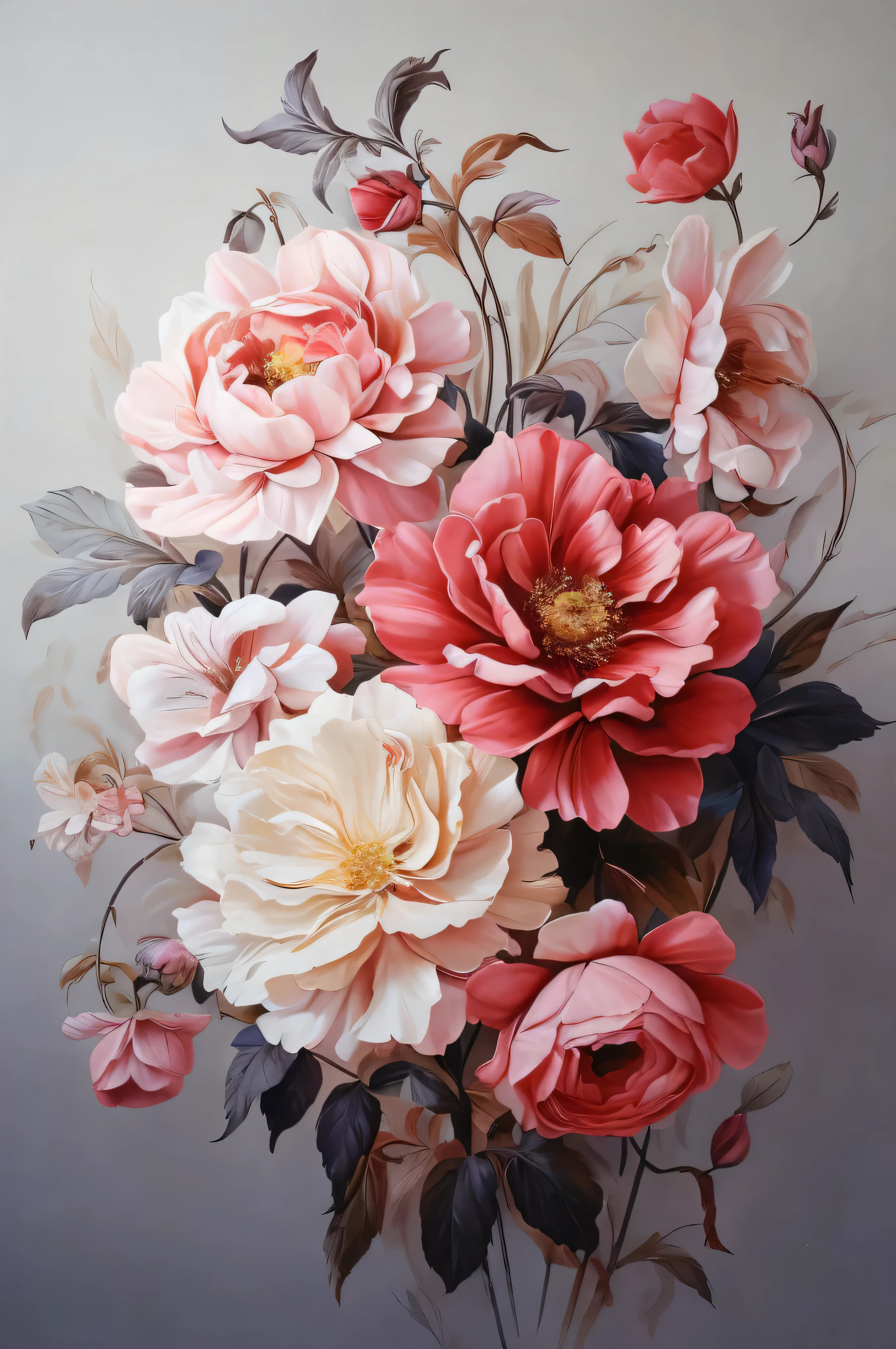 there is a painting of a bouquet of Flowers on a table, detailed Flowers, realistic Flowers oil painting, beautiful large Flowers, Surrealism, elegant Flowers, beautiful Flowers, Flower Explosion, Fondo pintado floral, Gorgeous flowers, author：Marie Bashkirtseff, Flowers with intricate detail, Inspired by Louischel van Loo, Flowers. Baroque elements, Rich colors