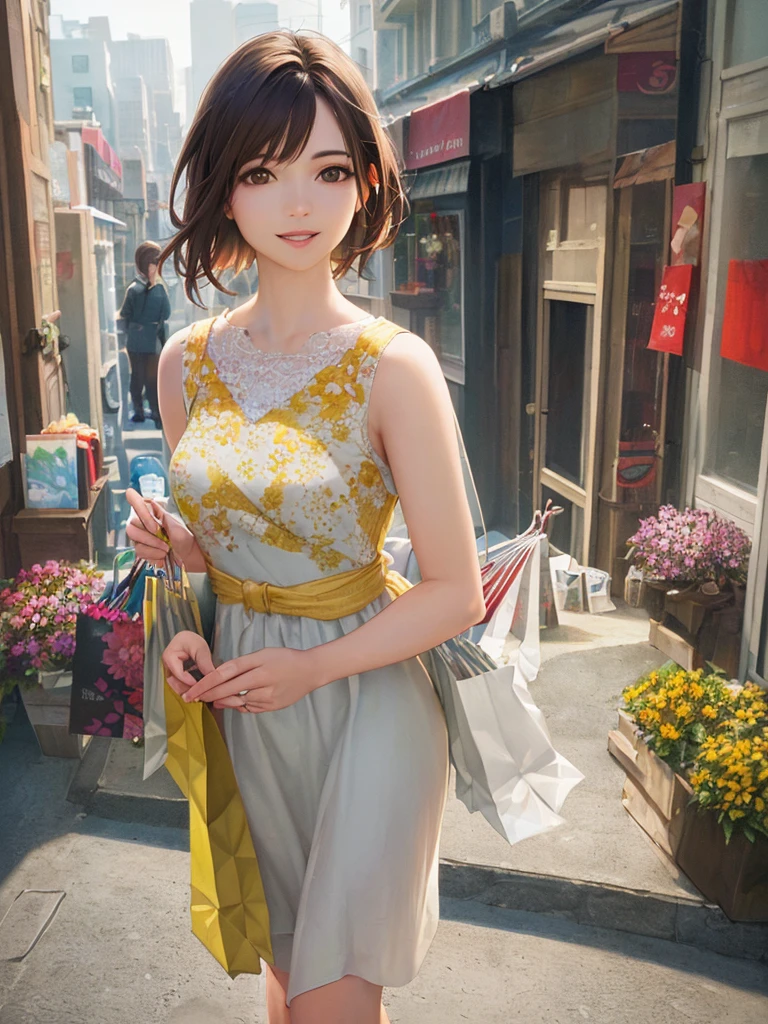 (Highest quality、8k、32K、masterpiece)、(Realistic)、(Realistic:1.2)、(High resolution)、Very detailed、Very beautiful face and eyes、(((Women's Solo Shot)))、Tight waist、(Highest quality、Attention to detail、Rich skin detail)、(Highest quality、8k、Oil paints:1.2)、(Realistic、Realistic:1.37)、Bright colors、(((Full Body Shot)))、(((Bob Hair)))、(((Medium Hair)))、(((smile)))、(((Brown Hair)))、(((Floral dress)))、(((White and yellow dress)))、(((City streets)))、(((Do some shopping)))、((I'm stroking my chin))