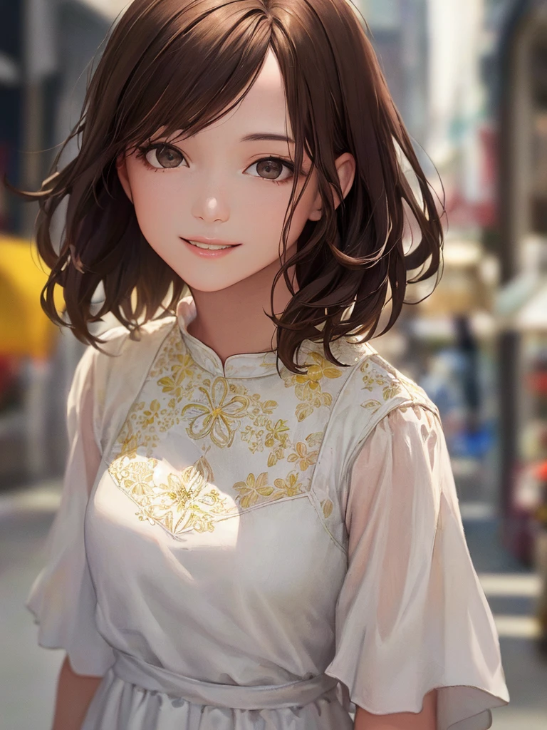 (Highest quality、8k、32K、masterpiece)、(Realistic)、(Realistic:1.2)、(High resolution)、Very detailed、Very beautiful face and eyes、(((Women's Solo Shot)))、Tight waist、(Highest quality、Attention to detail、Rich skin detail)、(Highest quality、8k、Oil paints:1.2)、(Realistic、Realistic:1.37)、Bright colors、(((Full Body Shot)))、(((Bob Hair)))、(((Medium Hair)))、(((smile)))、(((Brown Hair)))、(((Floral dress)))、(((White and yellow dress)))、(((City streets)))、(((Do some shopping)))、((I'm stroking my chin))