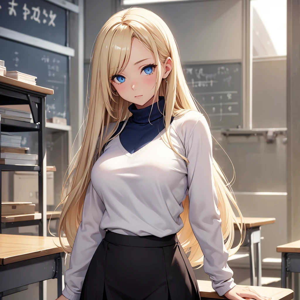 woman, blonde hair, blue eyes, white sweater, long black skirt,in classroom,big bobbies