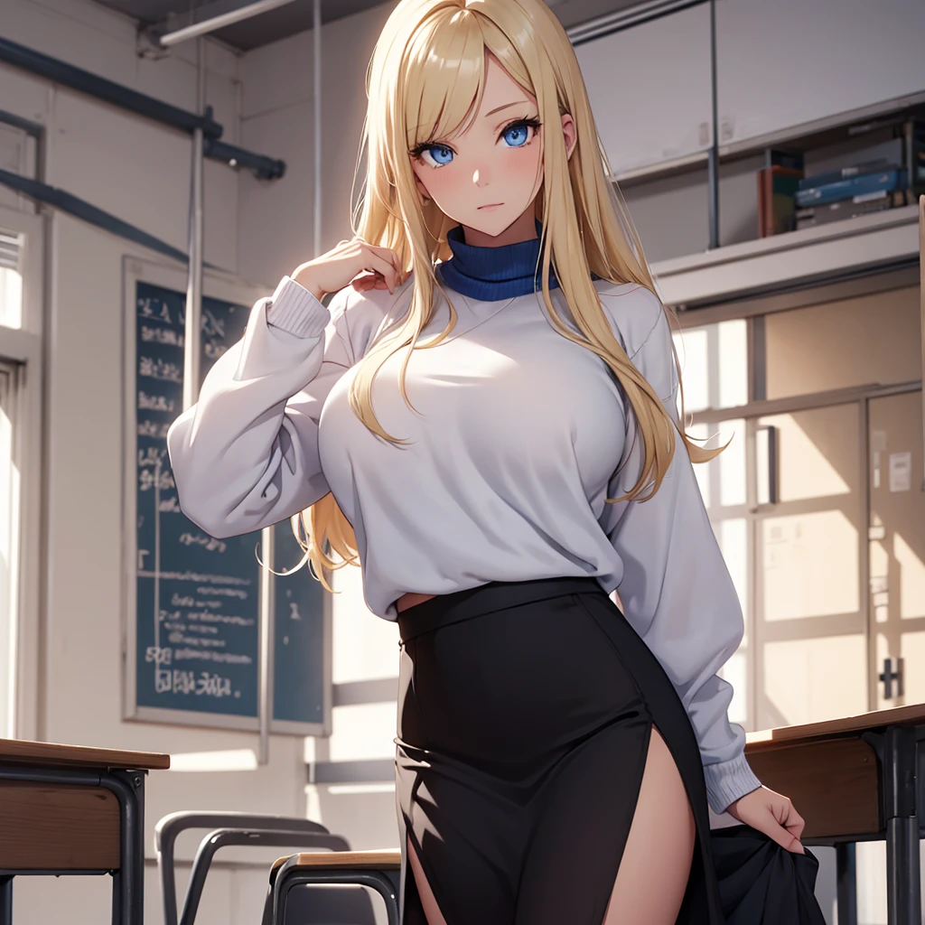 woman, blonde hair, blue eyes, white sweater, long black skirt,in classroom,big bobbies