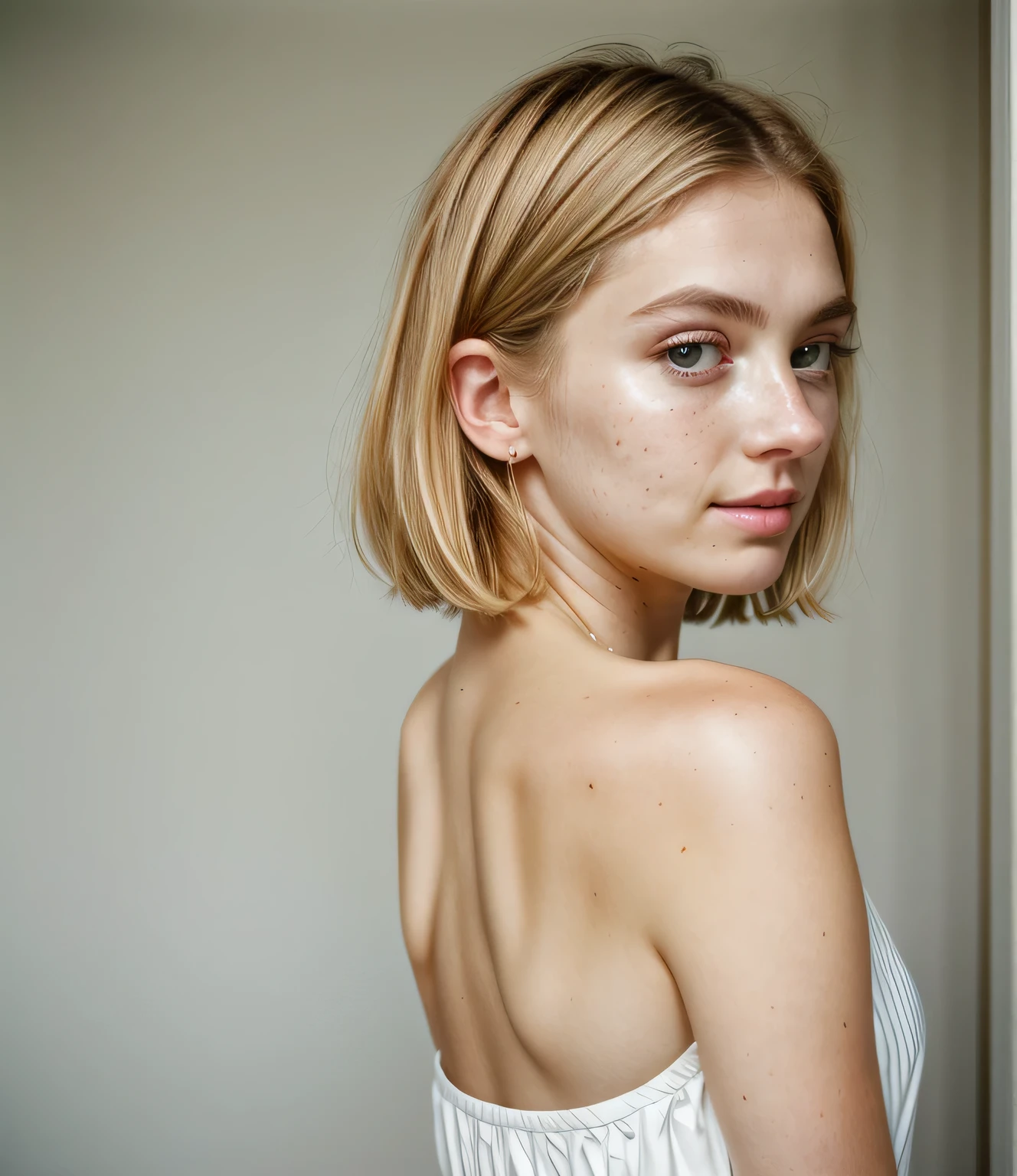 Highest quality、Surreal、、Photorealistic、Portrait of a British woman in his 20s、Fashion Model、Short blonde center parted hairstyle、oblong face、Thin face、Small eyes、Green Eyes、White skin、freckled skin、thin and thin eyebrows、Eyes and eyebrows are separated、Small Nose、Small Mouth、Thin lips、Closed lips、with a natural expression、Her face is illuminated by soft natural light、Photo from the upper body to the top, ((from back))
