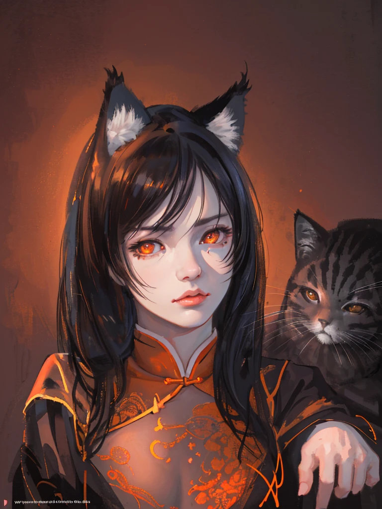 a masterpiece, best quality, 1 boy, male focus, animal ears, solo, black hair, cat ears, chinese clothing, upper body, simple background, brown eyes, orange eyes, beauty mark under mouth, hand on chin, looking at viewer, (best quality,8k,highres,masterpiece:1.2),ultra-detailed,(realistic,photorealistic,photo-realistic:1.37),highly detailed portrait, intricate details, chiaroscuro lighting, dramatic contrast, warm color palette, cinematic composition