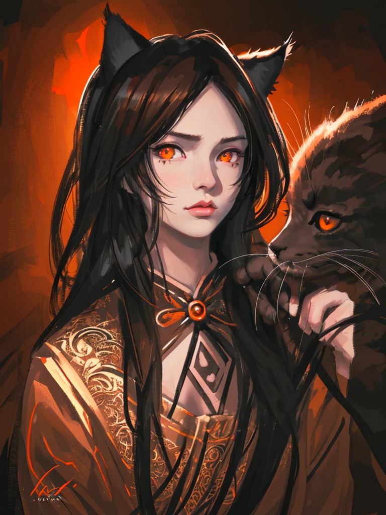 a masterpiece, best quality, 1 boy, male focus, animal ears, solo, black hair, cat ears, chinese clothing, upper body, simple background, brown eyes, orange eyes, beauty mark under mouth, hand on chin, looking at viewer, (best quality,8k,highres,masterpiece:1.2),ultra-detailed,(realistic,photorealistic,photo-realistic:1.37),highly detailed portrait, intricate details, chiaroscuro lighting, dramatic contrast, warm color palette, cinematic composition