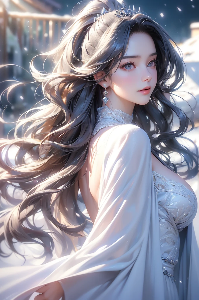 ((masterpiece:1.5、8k、Portraiture、フォトリアリスティックでVery detailedなCG、Very detailed、Particle Effects、Dynamic Effects、Shallow depth of field、Cinematic Light、Lens flare、Ray Tracing、Tabletop、Realistic:1.4、Ultra-high resolution:1.2、Realistic、Realistic))((alone、Woman wearing a cashmere coat:1.4、Elegant woman posing、Detailed face、bright表情、young, bright, Whiter skin、Ample breasts、Beautiful cleavage、Best Looks、Ultimate beauty、Shiny silver hair with highlights、bright and shiny hair,、Super long, Silky straight hair、Hair dancing in the wind))(morning、The setting is outdoors in the snow、Surrounded by illuminations)