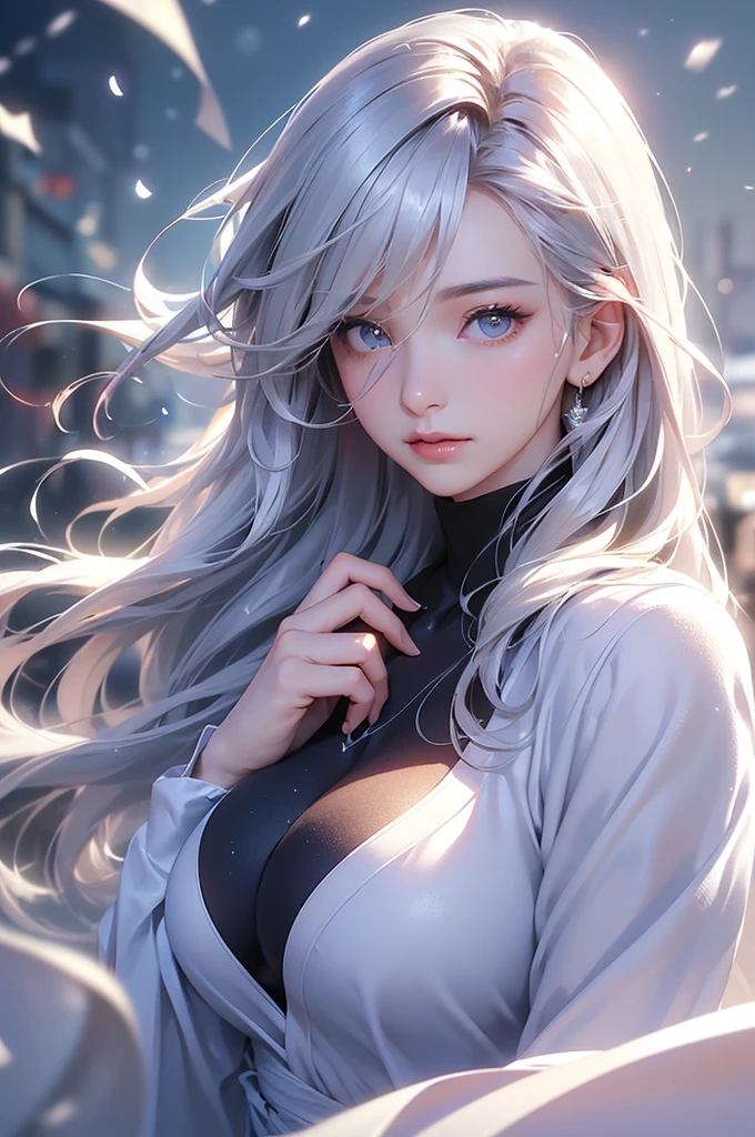 ((masterpiece:1.5、8k、Portraiture、フォトリアリスティックでVery detailedなCG、Very detailed、Particle Effects、Dynamic Effects、Shallow depth of field、Cinematic Light、Lens flare、Ray Tracing、Tabletop、Realistic:1.4、Ultra-high resolution:1.2、Realistic、Realistic))((alone、Woman wearing a cashmere coat:1.4、Elegant woman posing、Detailed face、bright表情、young, bright, Whiter skin、Ample breasts、Beautiful cleavage、Best Looks、Ultimate beauty、Shiny silver hair with highlights、bright and shiny hair,、Super long, Silky straight hair、Hair dancing in the wind))(morning、The setting is outdoors in the snow、Surrounded by illuminations)