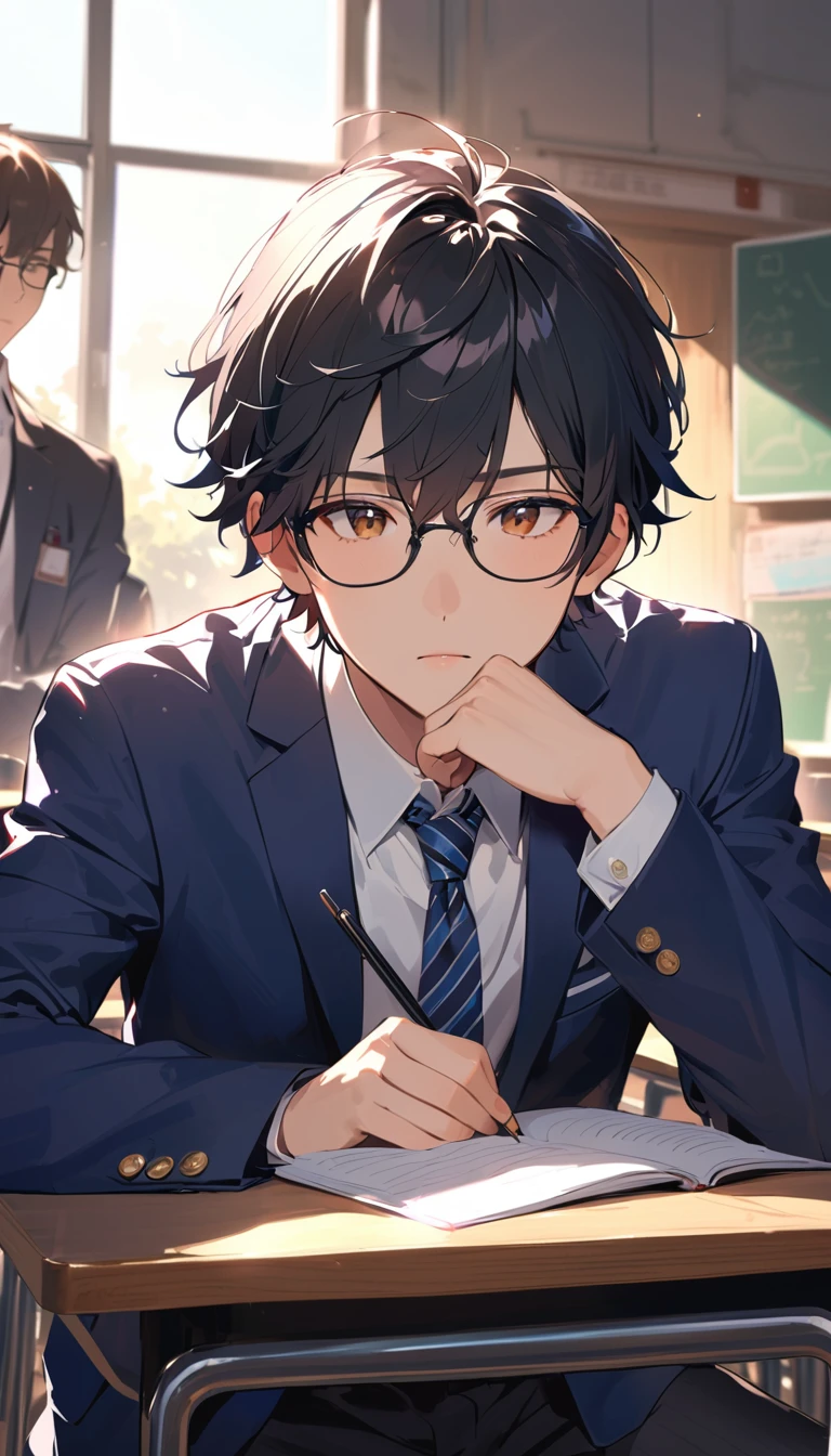 18 years old, a handsome boy, Black Hair, Short Hair,Glasses Blazer, high school student,Introvert,In the classroom,Dense atmosphere