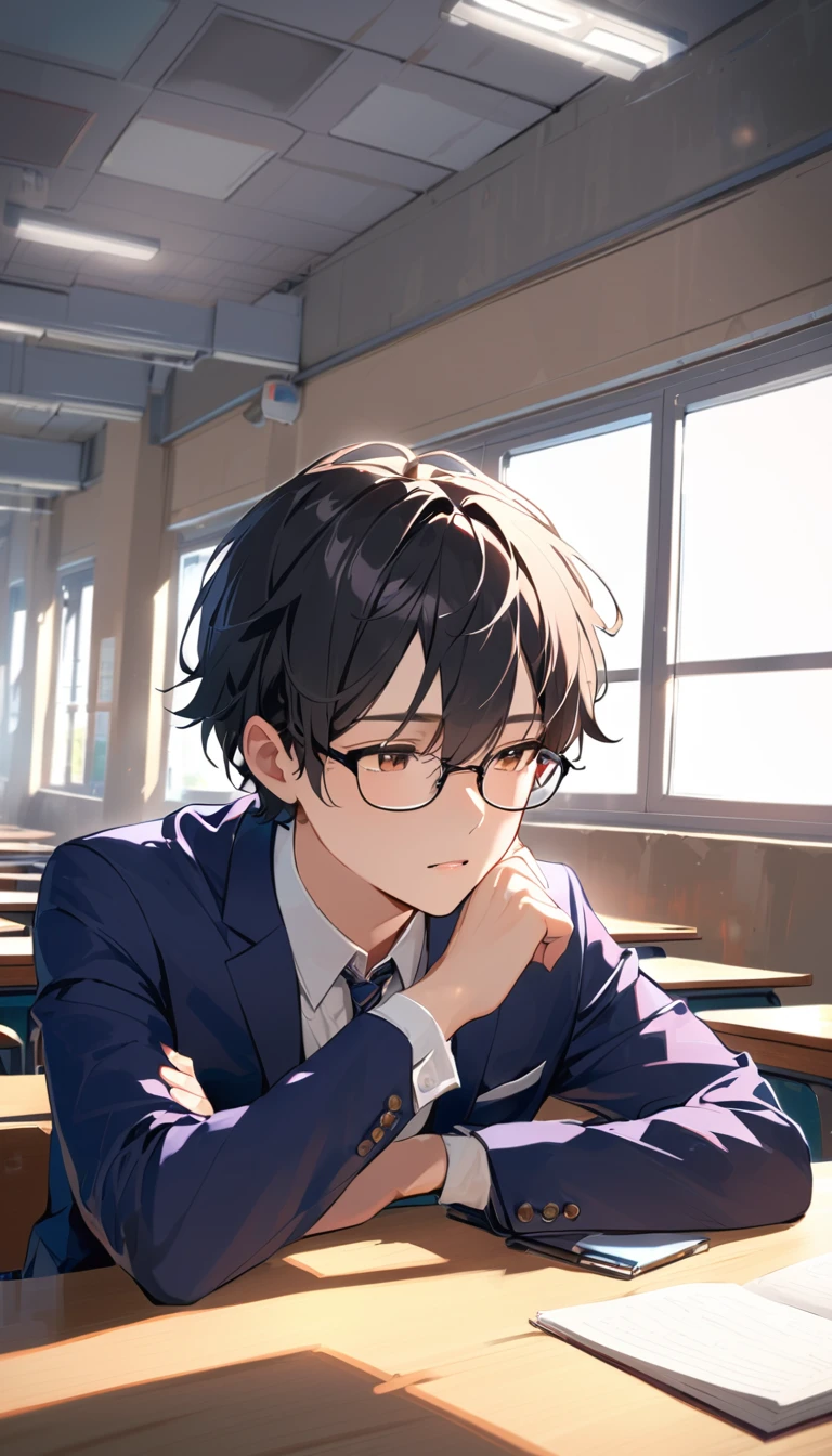 18 years old, a handsome boy, Black Hair, Short Hair,Glasses Blazer, high school student,Introvert,In the classroom,Dense atmosphere