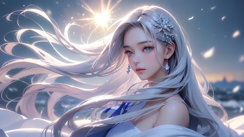 ((masterpiece:1.5、8k、Portraiture、フォトリアリスティックでVery detailedなCG、Very detailed、Particle Effects、Dynamic Effects、Shallow depth of field、Cinematic Light、Lens flare、Ray Tracing、Tabletop、Realistic:1.4、Ultra-high resolution:1.2、Realistic、Realistic))((alone、1 girl,A woman wearing a cashmere coat over an off-the-shoulder dress:1.4、Elegant woman posing、Detailed face、bright表情、young, bright, Whiter skin、Ample breasts、Best Looks、Ultimate beauty、Shiny silver hair with highlights、bright and shiny hair,、Super long, Silky straight hair、Hair dancing in the wind))(morning、The setting is outdoors in the snow、Surrounded by illuminations)Wear warm clothes