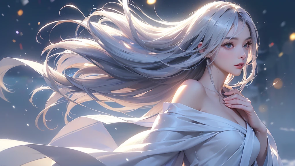 ((masterpiece:1.5、8k、Portraiture、フォトリアリスティックでVery detailedなCG、Very detailed、Particle Effects、Dynamic Effects、Shallow depth of field、Cinematic Light、Lens flare、Ray Tracing、Tabletop、Realistic:1.4、Ultra-high resolution:1.2、Realistic、Realistic))((alone、1 girl,A woman wearing a cashmere coat over an off-the-shoulder dress:1.4、Elegant woman posing、Detailed face、bright表情、young, bright, Whiter skin、Ample breasts、Best Looks、Ultimate beauty、Shiny silver hair with highlights、bright and shiny hair,、Super long, Silky straight hair、Hair dancing in the wind))(morning、The setting is outdoors in the snow、Surrounded by illuminations)Wear warm clothes